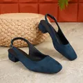 Detail of navy blue suede slingback pumps with comfortable 3cm low block heel - 36 / Navy Blue