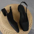 Elegant black square-toe low block heel slingback sandals for professional women - 36 / Black