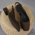 Elegant brown square-toe slingback sandals with adjustable low block heel - 36 / Coffee