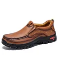 Comfortable men's brown leather casual loafers with slip-resistant outdoor rubber sole - 38 / Tan