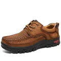 Breathable brown leather men's casual outdoor walking shoe with perforated design - 38 / Breathable Lace-up Style (3238) / Brown