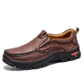 Durable brown leather casual slip-on men's shoe with a rugged rubber outdoor sole - 38 / Deep Brown