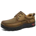Men's brown casual leather outdoor shoes with breathable perforated design and soft sole - 38 / Breathable Lace-up Style (3238) / Khaki