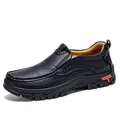 Men's black casual leather slip-on shoes with soft soles and outdoor styling - 38 / Black