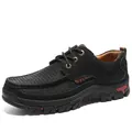 Breathable black perforated men's casual leather shoes with durable outdoor rubber sole - 41 / Breathable Lace-up Style (3238) / Black