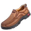 Brown breathable perforated leather slip-on casual loafers for men with soft rubber sole - 38 / Breathable Slip-on Style (3237) / Brown