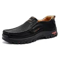 Men's breathable black leather loafers with perforated design and rugged non-slip sole - 38 / Breathable Slip-on Style (3237) / Black