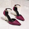 Elegant sparkling fuchsia pointed-toe stilettos with gold ankle straps for evening parties - 35 / Burgundy