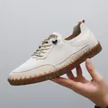 Breathable beige mesh men's casual shoes with soft gum sole and stitched detail - 40 / Off White