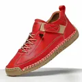 Stylish red hand-stitched men's outdoor casual leather shoe with adjustable strap - 38 / Bright Red (Yellow Sole)