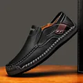 Hand-stitched men's casual leather loafers in black with white decorative thread - 38 / Black (9916)