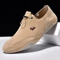 Men's stylish tan suede casual outdoor slip-on shoes featuring ram logo and flat sole - 40 / With Label / Sand (1205)
