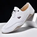 Stylish white leather men's casual flat loafers designed for outdoor walking and fashion. - 40 / With Label / White (1205)