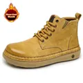 Men's stylish high-top fleece-lined yellow suede work boots for autumn and winter outdoor wear - 38 / Fleece Lined Style (7108 Golden Yellow) / Gold Yellow