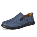 Blue men's large size casual slip-on shoes featuring handmade stitching and side zipper - 38 / Blue