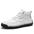 White mid-top motorcycle boots for men with lace-up detail and black non-slip sole - 38 / White