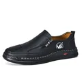 Premium black leather men's casual loafers featuring handmade stitching and decorative side zipper - 38 / Black