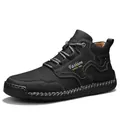 Durable black leather motorcycle ankle boots for men featuring textured finish and lace-up - 38 / Black