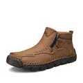 Casual handmade brown leather men's Martin boots with side zipper and plush lining - 39 / Khaki