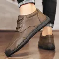 Men's casual brown leather ankle boots with contrast stitching and rubber sole - 38 / Fleece Lined Martin Boots (DJ98011) / Khaki
