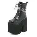 Women's black patent leather platform boots with chunky high heels and chain detail - 35 / Black