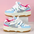 Detailed side view of chunky platform skate shoes with pink accents and thick rope laces. - 35 / White Blue Peach Pink