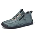 Men's blue-grey frosted leather low-top Martin boots with side zipper and lace-up design - 37 / Dark Green (AL1821)