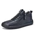 Premium men's black leather mid-top casual Martin boots with side zipper and laces - 37 / Black (AL1821)
