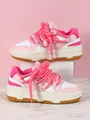 Fashionable pink and white platform sneakers featuring chunky rope laces and thick soles - 35 / White Pink