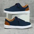 Koreaanse stijl marineblauwe sneakers met dikke witte zolen en bruine hielaccenten - 35 / Donkerblauw Bruin