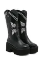 Black platform knee-high western boots featuring intricate white butterfly embroidery - 35 / Black