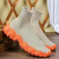Fashionable lightweight knit sock sneakers with thick vibrant orange wavy sole - 38 / Beige & Orange Sole