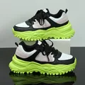 Chunky platform sneakers with neon green soles and multi-color panel design for style - 38 / White Black Pink with Green Sole