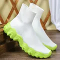 Ademende witte gebreide sok-sneakers met opvallende limoengroene golvende dikke zool - 35 / Wit Bovenwerk Fluorescerend Groene Zool