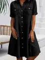 Robe chemise décontractée en jean noir pour femmes avec manches courtes et boutonnière été - Noir