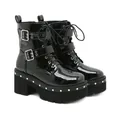 Bottines à talons épais en cuir brillant noir avec garniture de rivets et boucles - 35 / Noir