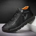 Durable men's high-top casual leather shoes featuring a side zipper and decorative stitching - 38 / Black
