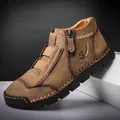 Vintage brown men's high-top leather casual shoes featuring side zipper and decorative stitching - 38 / Khaki