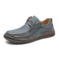 Blue men's leather loafers with handmade brown stitching and breathable driving design - 38 / Blue
