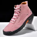 Stylish men's pink suede Martin boots with handmade stitching and black rubber soles - 39 / Pink