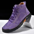 Stylish purple men's high-top leather boots with premium hand-stitched details for casual wear - 39 / Purple