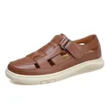 Brown leather fisherman sandals for men with breathable hollow design and velcro strap. - 40 / Closed Toe Style (92536) / Brown