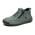 Casual green hand-stitched high-top shoes for women with soft flat soles and side zippers - 38 / Side Zipper Lace-up Style (A805) / Olive Green