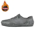 Grey suede low-top casual men's shoes with warm plush lining and octopus sole - 35 / Fleece Lined / Gray
