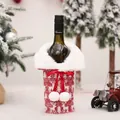 Red knitted Christmas wine bottle cover with white fur collar and reindeer pattern - Knit Faux Fur Style / Red