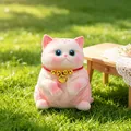 Cute pink cat squishy stress relief toy with golden bell collar sitting on grass - S / Pink Cat