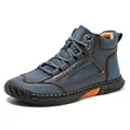 Modische blaue Leder-Stiefeletten für Herren mit Ziernähten und klassischer Schnürung - 39 / Blau