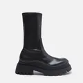 Professional side profile view of a black chunky platform elastic mid-calf boot for women - 39 / Black (Fleece Lined)