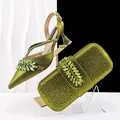 Detail of olive green pointed-toe rhinestone sandals and matching crystal evening bag set - 37 / Olive Green