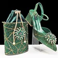 Lujoso conjunto de zapatos de tacón alto con diamantes de imitación verde esmeralda y bolso - 38 / Verde